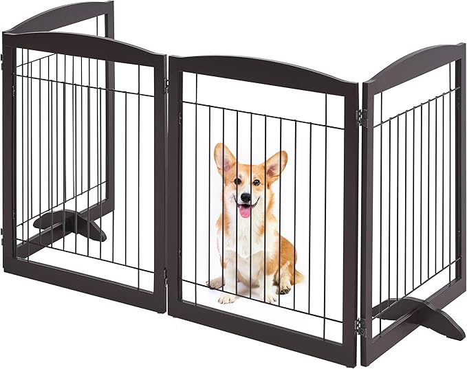 Yaheetech Extra Wide Dog Gate Freestanding Pet Gate for Dogs,Foldable Puppy Fence with Support Feet Suitable for Doorway, Stairs,98 in Wide 32 in Tall (4-Panel,Espresso)