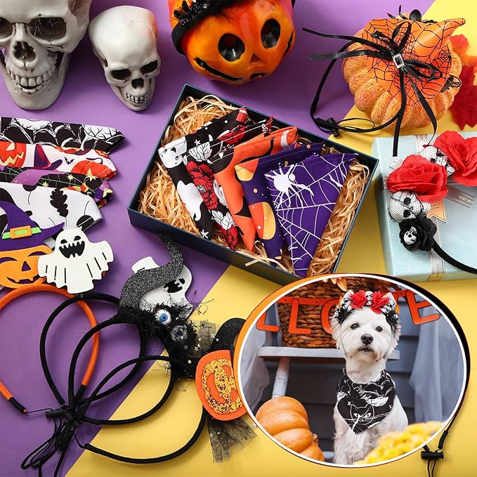 Sadnyy 18 Pcs Halloween Dog Bandanas Bulk Pumpkin Dog Bandanas Spider Triangle Scarf Adjustable Bat Headbands Bib for Small Medium Large Pet Halloween Holiday Costume Accessories