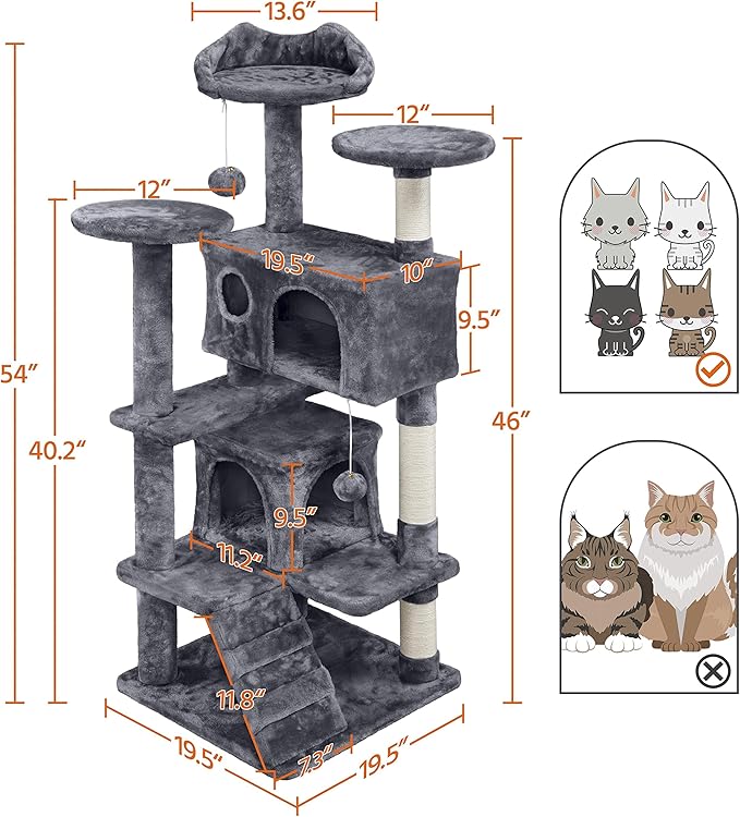 Topeakmart 54in Cat Tree, Cat Tower w/Large Cat Condo Scratching Posts and Perch, Cat Stand House Furniture, Dark Gray