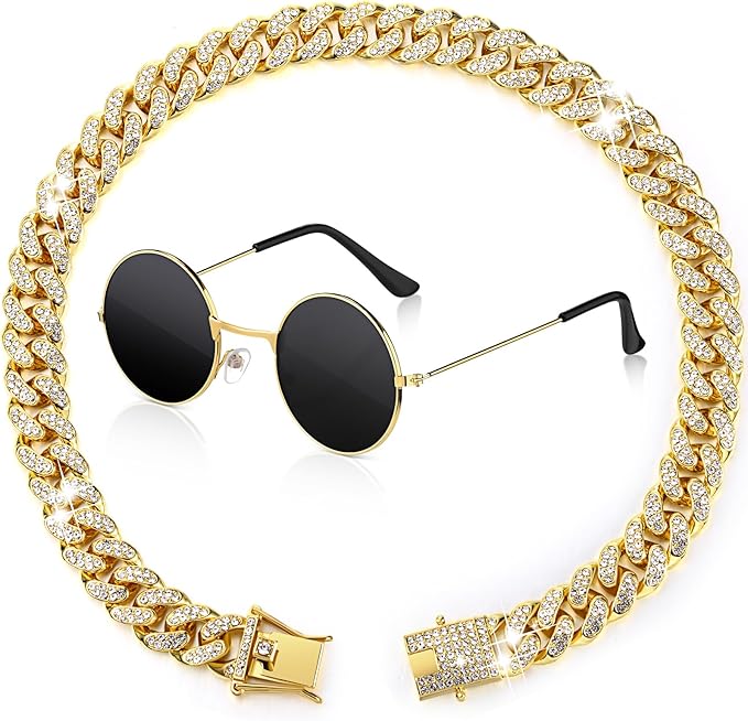 Xuniea 2 Pieces Cat Dog Chain Collar and Sunglasses Set Rhinestone Necklace with Secure Buckle Round Glasses for Doll Cat Dog Pet Accessories(18 Inch,Gold, Black)