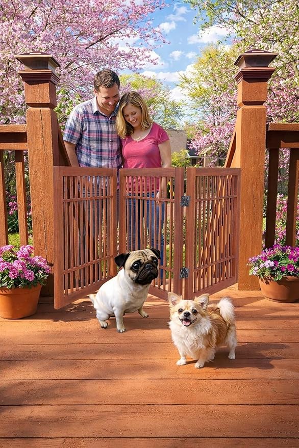 Urnporium Pet Dog Gate Freestanding, Strong Durable Folding Wooden Fence, Portable Acacia Hardwood Safety Barrier for Indoor & Outdoor Use (Brown Pet Gate, 3 Panel 24" Tall)