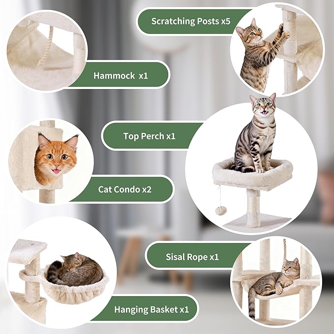 Simple Deluxe 66In Cat Tree for Indoor Cats, 6-Level Cat Tower with Sisal Scratching Posts, Enclosed Cat Condo & Hammock, Space-Saving Corner Design, Stable Wide Base for Multiple Kittens, Beige