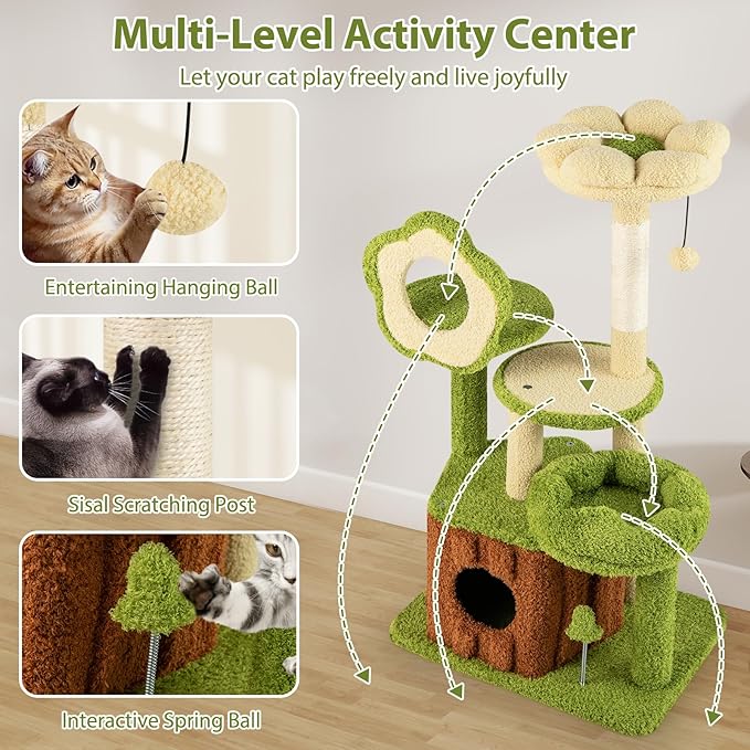 PETSITE Forest-Themed Multi-Level Cute Cat Tree, 40 Inches Tall with Sisal Scratching Posts, Condo, Dangling Ball, and Spring Toy, Ideal for Indoor Small & Medium Cats (21.5 x 16 x 40 inches)