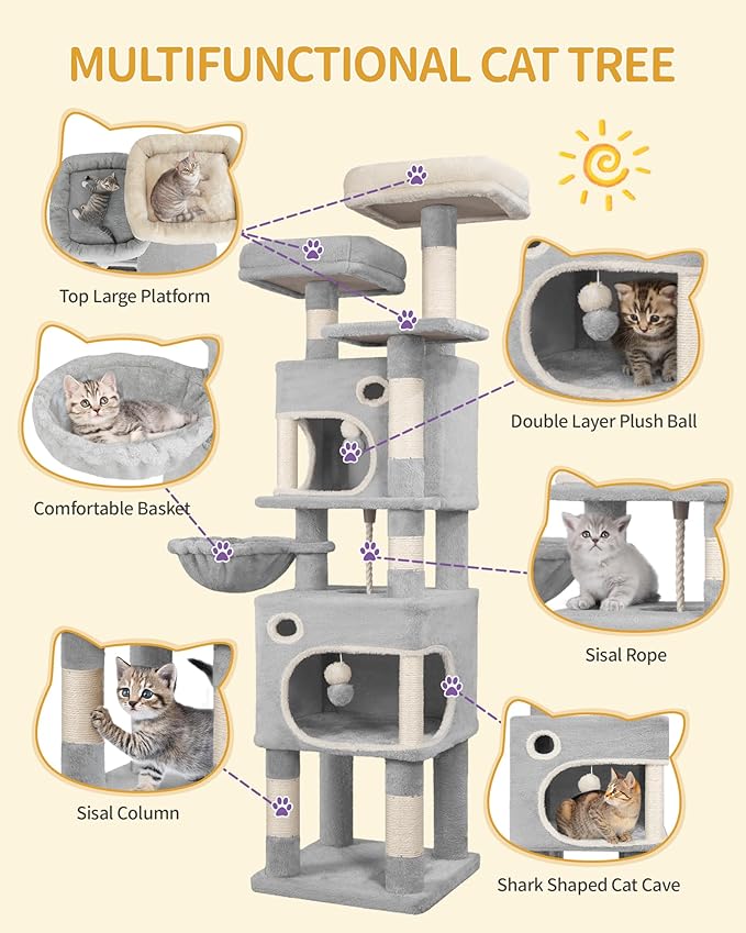 62.6" Cat Tree for Indoor Cats, Cat Tower, Multi-Level Cats Condo with 8 Scratching Posts, 3 Platforms, 2 Caves, Basket, Plush Balls, Sisal Rope, Anti-Tip Kit, Light Grey MS15918LG