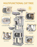 62.6" Cat Tree for Indoor Cats, Cat Tower, Multi-Level Cats Condo with 8 Scratching Posts, 3 Platforms, 2 Caves, Basket, Plush Balls, Sisal Rope, Anti-Tip Kit, Light Grey MS15918LG