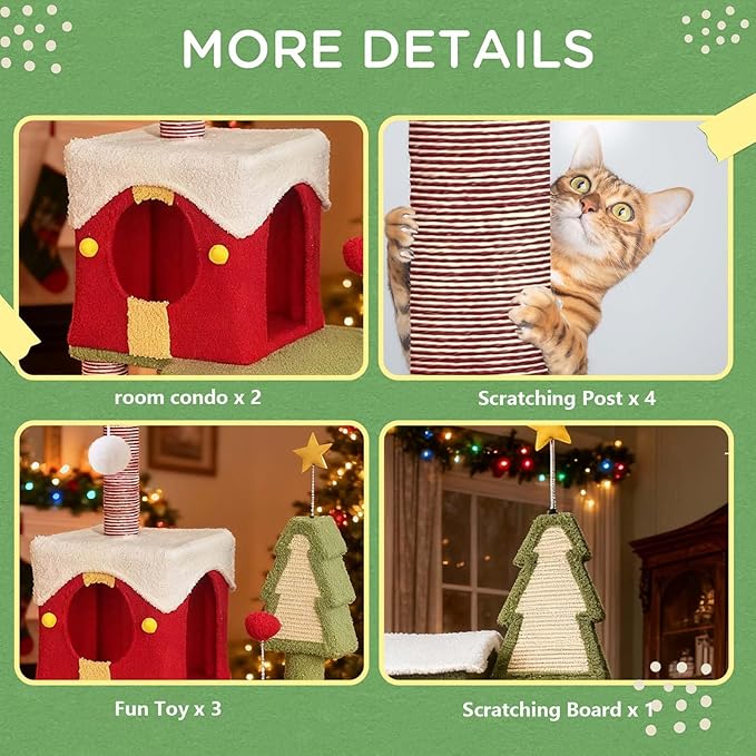 Christmas Cat Tree, 54" Tall Multi-Level Cat Proof Tower with Cat Condos, Top Perches, Sisal Scratching Posts and Board, Kittens Play Activity Center for Indoor Cats, Red/Green (54")