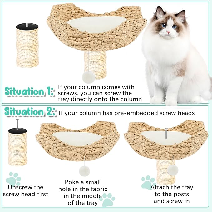 3 Set 18" Cat Tree Tower Replacement Parts Add ons Accessories Set Wicker Basket Beds Rattan Cat Tree Handwoven Rope Nest Bowl Screws Bottom Plate with Furry Balls and Soft Cushion