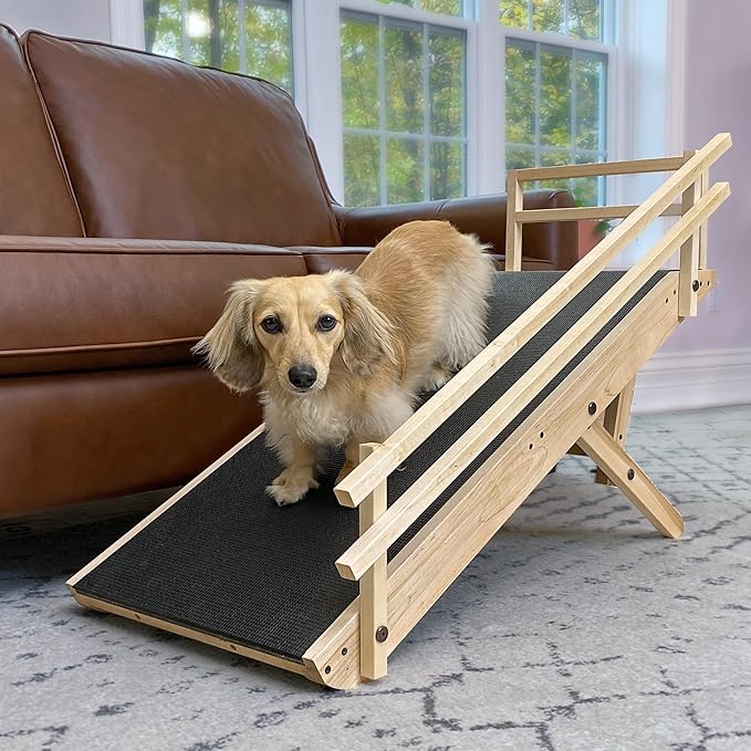 DoggoRamps Dog Ramp for Couch with Safety Rails - Adjustable from 14" to 21" with Anti-Slip PAWGRIP & Convenient Platform Top - for Small Dogs up to 150lbs - Made of Solid Hardwood in North America