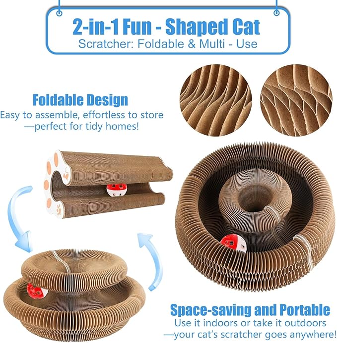 2 Pack Kitty Kurls Cat Scratcher, Magic Organ Cat Toy Scratching Board with Bell Balls, Reversible Corrugated Cardboard for Pet Claw Care