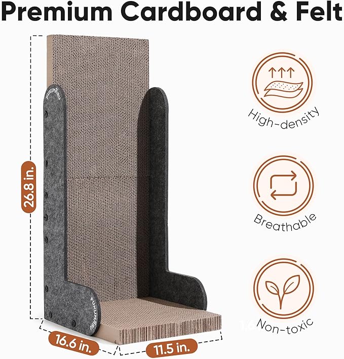 FUKUMARU Cat Scratcher, 26.8 Inch L Shaped Cat Scratch Pad Wall, Modern Cardboard Cats Scratching Board for Indoor Cats, Felt Vertical Scratching Post, Furniture Protector (Grey)