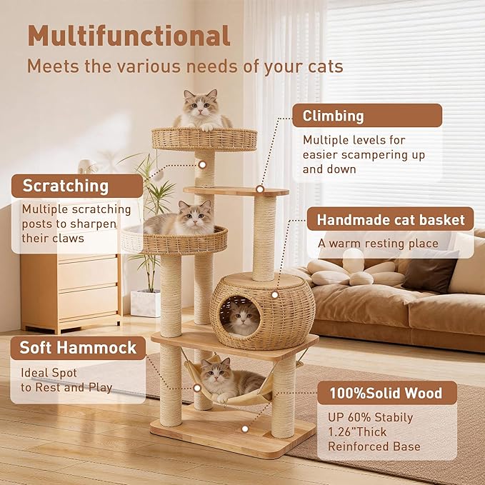 55" Wood Cat Tree for Indoor Cats Large Adult,Tall Cat Tower with Scratching Post and Cozy Hammock for Large Cat,Multi-Level Modern Cat Condo with Hand-Woven,Easy to Assemble and Clean