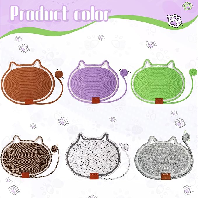 Cat Scratcher Mat Natural Cotton Rope Oval Horizontal Floor Cat Scratch Bed Pad with Ball Toy Protector for Furniture Floor Wall (White, 2 PC)