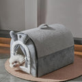 Jiupety Cute Small Dog Cave Bed with Door Curtain Design, Dog House with Reversible Washable Cushion, L Size Portable Puppy House for 14-22lb Cats and 12-17 lb Dogs, Non-Slip Bottom, Grey
