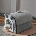 Jiupety Cute Small Dog Cave Bed with Door Curtain Design, Dog House with Reversible Washable Cushion, L Size Portable Puppy House for 14-22lb Cats and 12-17 lb Dogs, Non-Slip Bottom, Grey