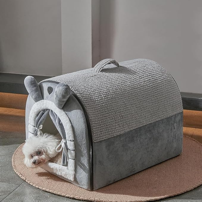 Jiupety Cute Small Dog Cave Bed with Door Curtain Design, Dog House with Reversible Washable Cushion, L Size Portable Puppy House for 14-22lb Cats and 12-17 lb Dogs, Non-Slip Bottom, Grey