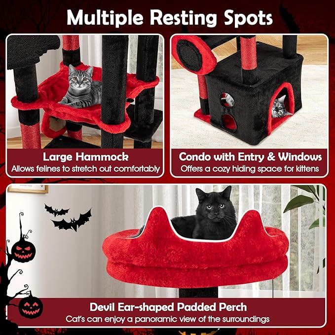 Tangkula Gothic Cat Tree, Halloween Cat Tower with Sisal Scratching Posts & Board, Spooky Bat-Shaped Platforms, Spider Toy, Devil Ear-Shaped Perch, Goth Cat Tree w/Large Hammock & Condo, Black & Red