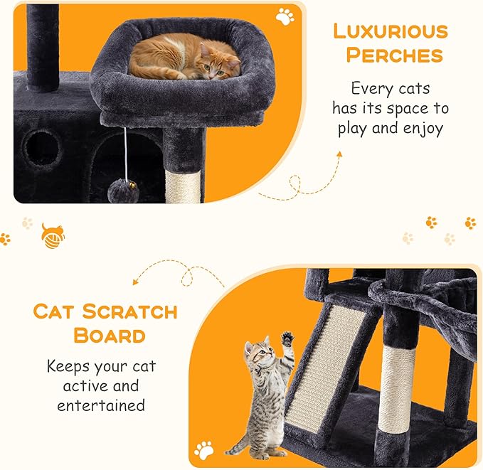 HOOMIC 36" Cat Tree for Indoor Kitty, Multi-Level Condo with Sisal Scratching Posts and Board, Cozy Hammock, Padded Plush Perch for Kittens, Dark Grey