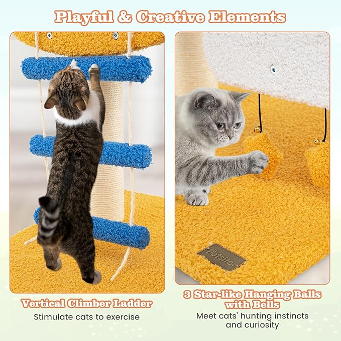 PETSITE 30-inch Aviation-Themed Cat Tree for Indoor Cats, Small Cute Cat Tree with Sisal Scratching Posts, Helicopter Top Perch, Climbing Ladder, and 3 Star-Shaped Hanging Toys