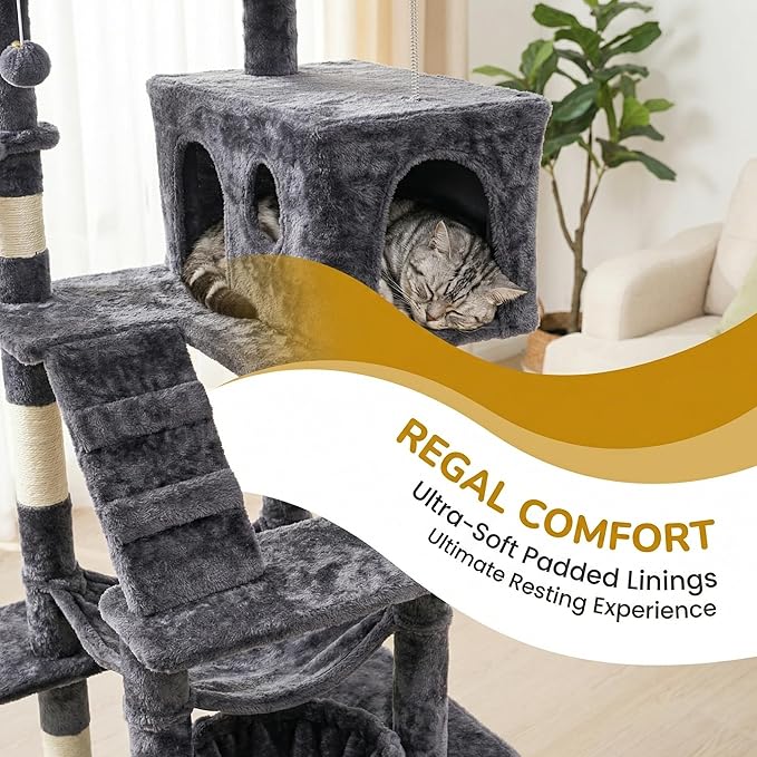 Large Cat Tree with Scratching Posts, Bed, Hammocks & Condos – Multi-Level Cat Tower for Playful Cats, 74" Modern Jungle Gym for Multiple Cats, Grey