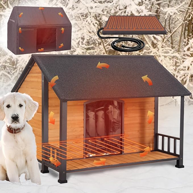 GUTINNEEN Large Dog House with Insulated Liner for Winter Outdoor Dog Cage with All-Around Iron Frame Dog Kennel for Small & Medium & Large Dogs,Insulation