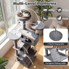 Tangkula Cat Tree Tower, 52 Inch Multi-Level Cat Tower with Sisal Scratching Posts, Cushioned Top Perch, Large Dual Condos & Ladder, 2 Hanging Balls, Jumping Platforms for Indoor Cats (Light Gray)