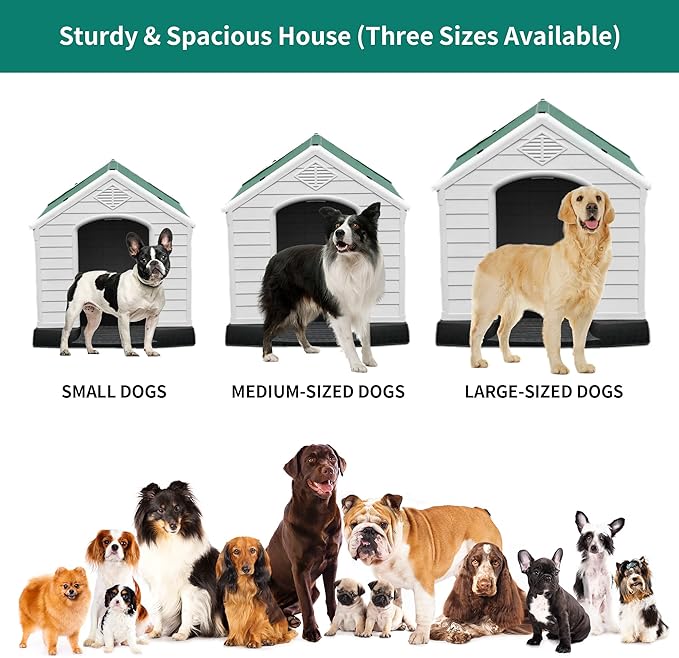 YITAHOME Plastic Dog House, Waterproof Indoor Outdoor Doghouse for Large or Small Dog, with Air Vents and Elevated Floor, Easy Assemble and Clean