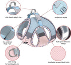 AIITLE XXS Dog Harness & Leash Set - Breathable Reflective No-Choke Small Dog Harness for Teacup Puppies, Indoor/Outdoor Use - Boston Terrier, Maltese, Chihuahua (Blue-Pink, XXS)