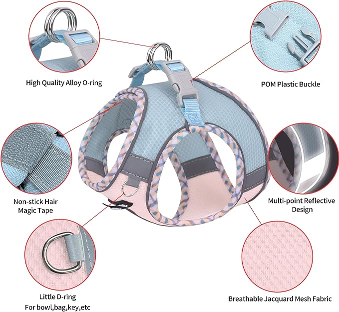 AIITLE Small Dog Harness - Breathable Double-Layer Jacquard No-Choke Vest, Durable Anti-Tear Fabric with Reflective Trim - Perfect for Running, Parties, Daily Walks (Blue-Pink, XS)