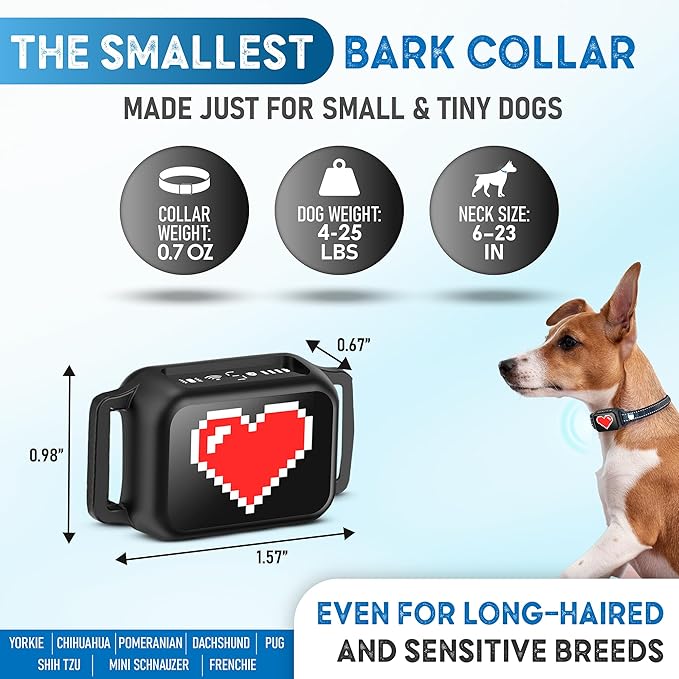 Bark Collar for Small Dogs 5-15 lbs with Magnetic Charging – No Shock, 3 Beep & Vibration Modes, 5 Sensitivity Levels – Humane Stop Anti-Barking Device – Dog Training Bark Collar (Black/Red Heart)