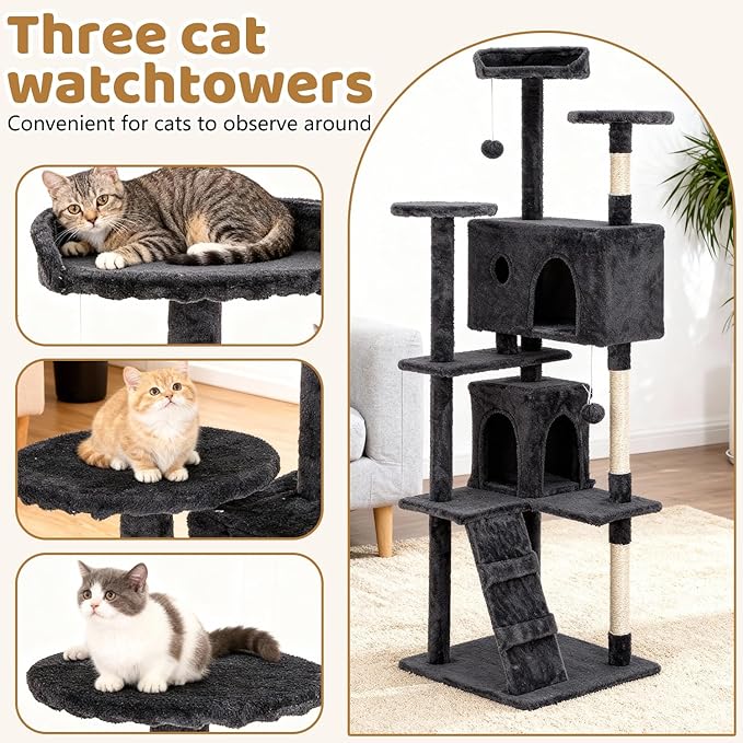 BestOffice 70 Inch Cat Tree, Multi-Level Cat Tower with Condo, Perches, Sisal Scratching Posts, Climbing Ladder,Indoor Activity Center Play House for Kittens & Adult Cats, Dark Gray