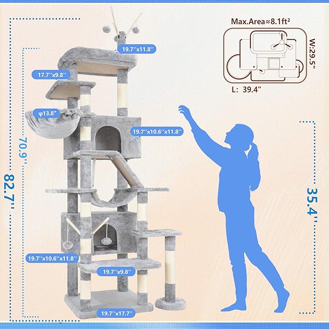 Hey-brother Cat Tree Tower, Sturdy Multi-Level Scratching Posts with Extra Supporting Part, 5 Teaser Toys, 2 Condos, Large Bed, Hammock, Scratch Baord for Indoor Cats, 82.7 Inches, Light Gray MPJ082W
