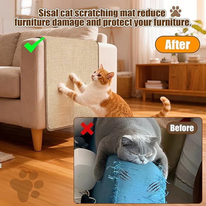 Paceray Cat Scratching Mat, 2 Pack Natural Sisal Scratching Pad for Indoor Cats, Perfect Wall Scratchers with Tape for Couch, Sofa and Carpet Protection (23.6" x 15.7")