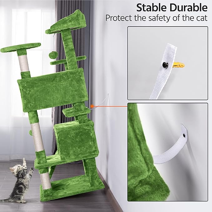 Topeakmart 54in Cat Tree with Scratching Posts Spacious Condos Furry Hanging Ball Cat Climbing Tower for Indoor Cats and Kittens, Green