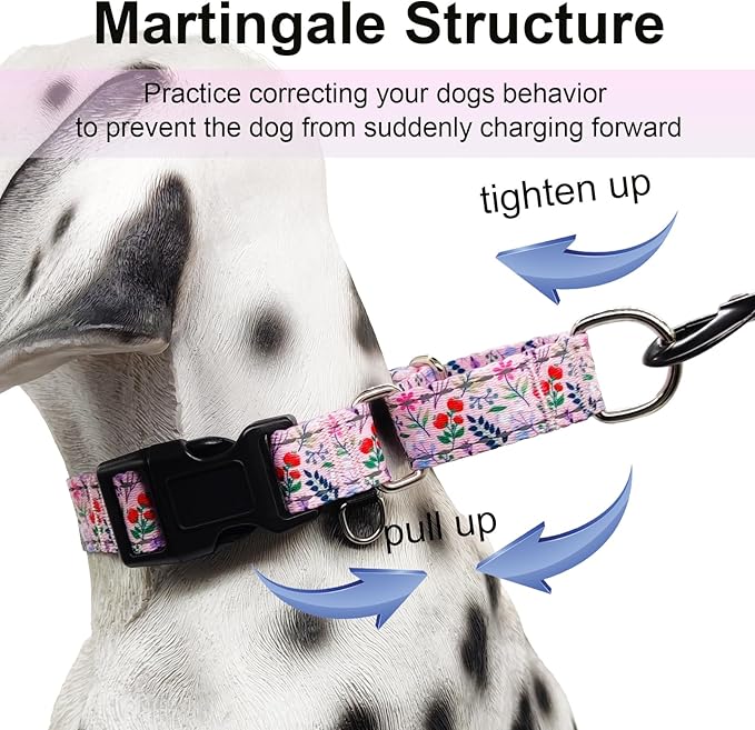 Reflective Martingale Collar with Quick Release Buckle Anti Pulling Girl Female Dog Collars (Pink Flowers Plants, XSmall)