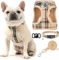 EXPAWLORER Plaid Small Dog Harness and Leash Set with AirTag Holder - Soft Padded Step in Dog Vest Harness Medium Sized Dog, No Pull Reflective Puppy Harness, Collar and Leash for Walking, Khaki M