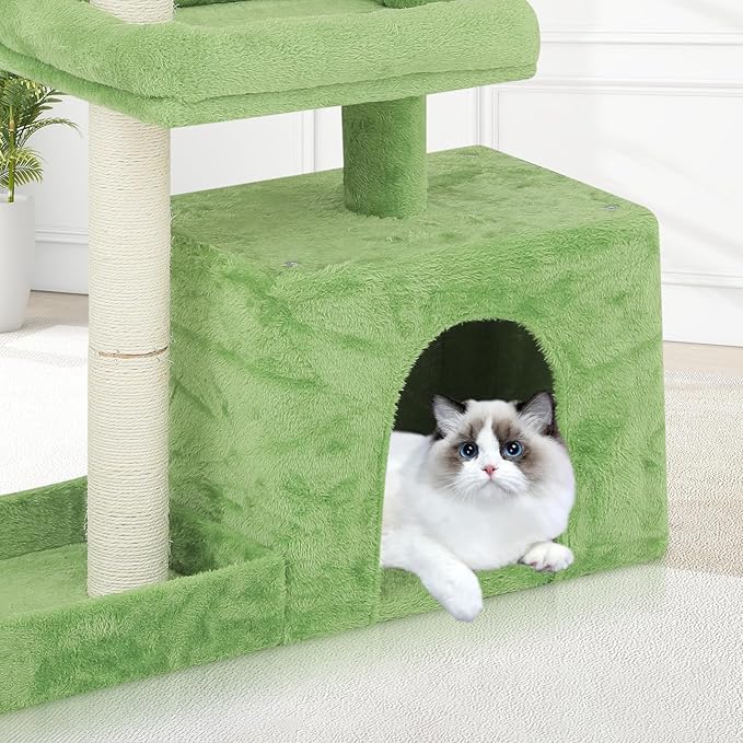 Magshion 32" Cat Tree for Kittens and Senior Cats, Small Cat Tower with Green Leaves, Scratching Posts, Cozy Condo, Low Perch & Fluffy Balls, Stable Cat House with Leaf Design