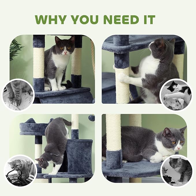 PawHut Cat Tree, 81" Cat Tower for Large Adults Indoor Cats with Cat Scratching Posts, Scratching Board, Cat Condos, Cat Beds, Hammocks, Multi-Level Platforms, Toy Balls & Rope Cat Toy, Dark Gray