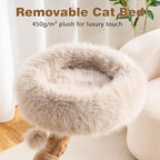 HITTITE Natural Solid Wood Cat Tree Tower with Scratching Post, 32 Inches Tall Modern Cat Tower with Cozy Bed and Platforms, Luxury Real Branch Cat Tree for Indoor Cats Large Adult, Khaki.