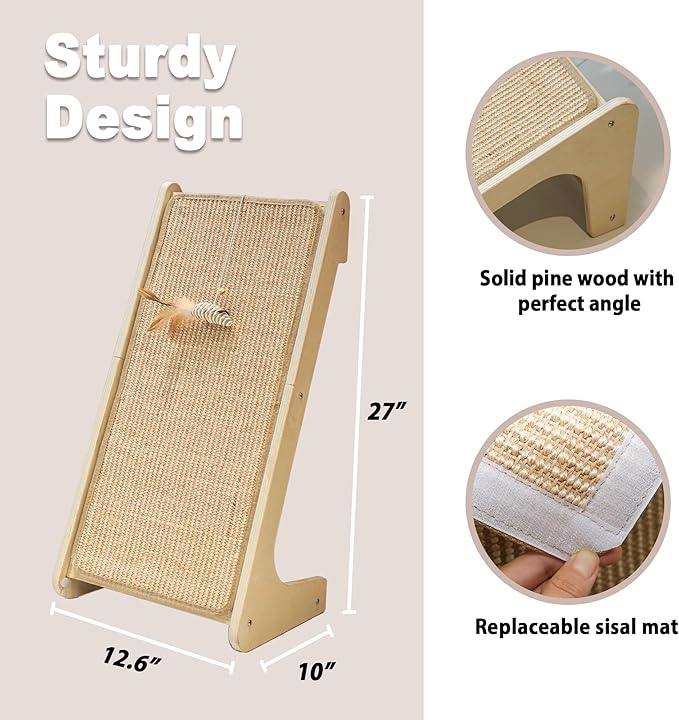 Meeyoview L Shape Cat Scratcher Ramp, 27'' Sisal Scratching Post, Vertical Cat Scratcher for Indoor Cats, Solid Wooden Scratch Board, Furniture Protector with Catnip