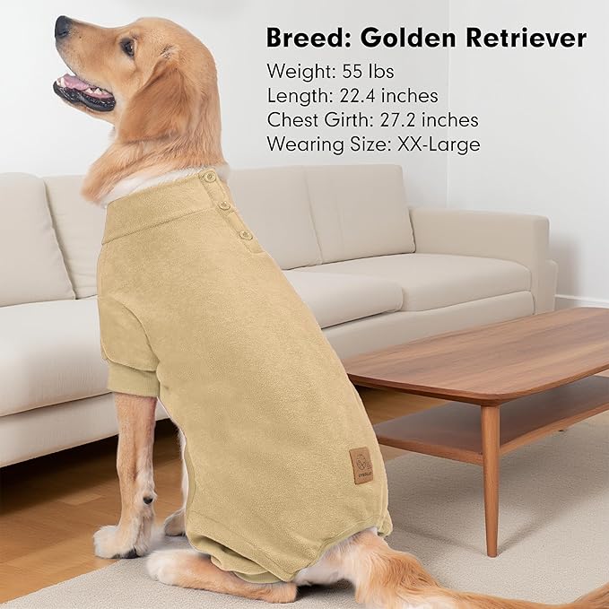 cyeollo XXXL Fleece Dog Pajamas, Soft Dog Pjs for Large Dogs Thermal Doggie Onesie Stretchy Doggy Sweaters Winter Dogs Coat Pet Jammies Doggie Clothes Female & Male, Beige 3XL