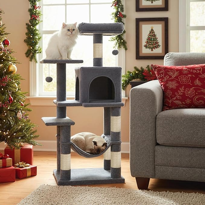 Tangkula Cat Tree Tower, 44 Inch Multi-Level Cat Tower with Sisal Scratching Posts, 2-Door Condo, Padded Top Perch & Hammock, 2 Hanging Balls, Jumping Platforms for Indoor Cats (Gray)