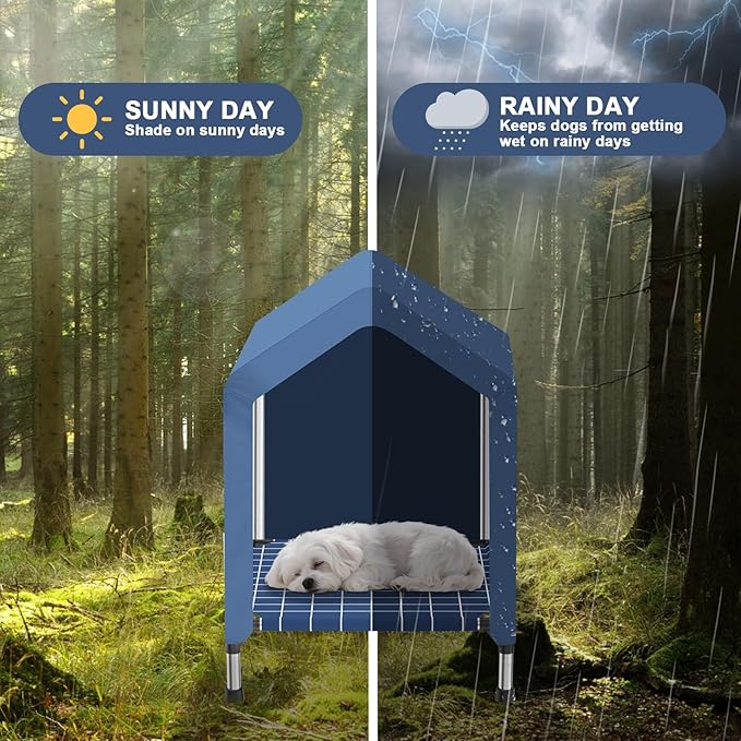 2 in 1 Elevated Dog House - Rainproof Dog Tent Cat House, Dog Sunshade Tent, Pet House - Ventilated Elevated Floor, Raised Pet Shelter for Small