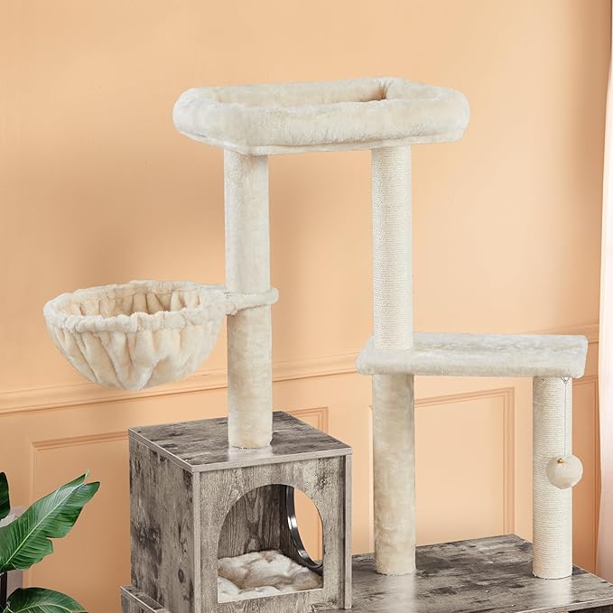 Yaheetech Cat Tree, 53in Cat Tower with Wood Litter Box Enclosure, 2-in-1 Cat Tree with Condo, Scratching Posts, Perch for Indoor Large Cats, Cat Activity Center, Greige/Beige
