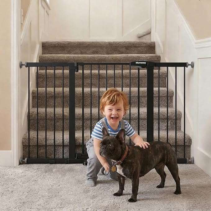 Mumeasy 29.7-57" Extra Wide Baby Gate for Doorways, Auto Close Dog Gate Indoor for Stairs, No-Drill Pressure Mounted Pet Gate with Door, Easy Walk Thru Long&Large Safety Gate for House, Outdoor, Black