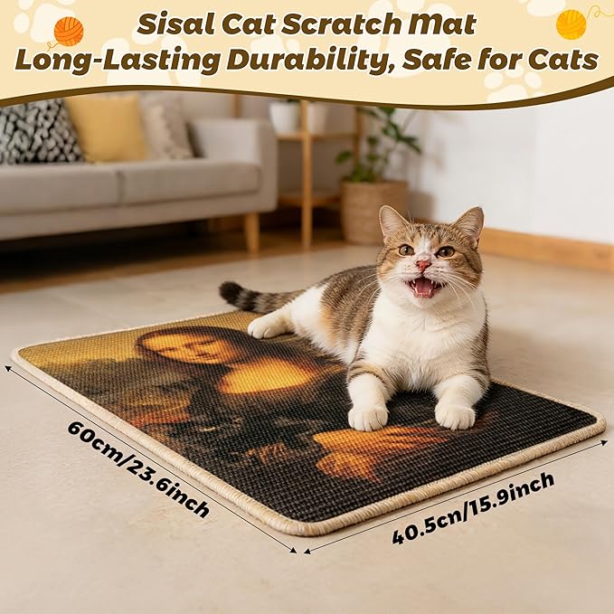 Mona Lisa Sisal Black Cat Scratcher Pad for Indoor - Wall Mounted 24x16 Inch Scratching Mat with Adhesive Hook Loop Tape Protect Couch Carpet Durable Cat Wall Scratcher for Furniture Protect