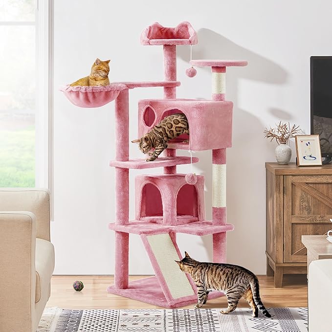 Topeakmart 57 inches Multi-Level Cat Tree Cat Condo with Scratching Posts Kittens Activity Tower Pet Play House Furniture, Pink