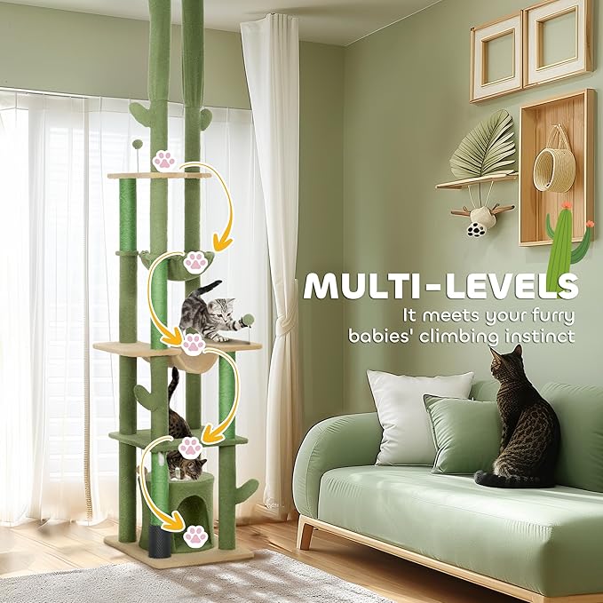 PawHut Floor to Ceiling Cat Tree, 89"-100" Adjustable Height Cactus Cat Climbing Tower for Indoor Cats with Grooming Brush Post, Cat Condo, Hammock, Sisal Scratching Posts, Green