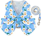 BAEJMJK Dog Harness and Leash Set with Bow Knot No Pull Pet Daisy Floral Harness with D-Ring Soft Mesh Dog Harness Vest Set Escape Proof Princess Puppy Harness for Small Girl Dogs Cats（Blue B L）