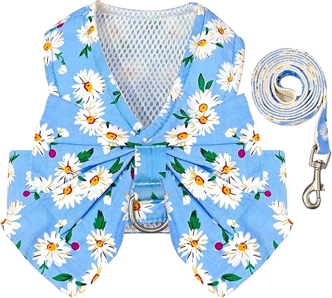 BAEJMJK Dog Harness and Leash Set with Bow Knot No Pull Pet Daisy Floral Harness with D-Ring Soft Mesh Dog Harness Vest Set Escape Proof Princess Puppy Harness for Small Girl Dogs Cats（Blue B L）
