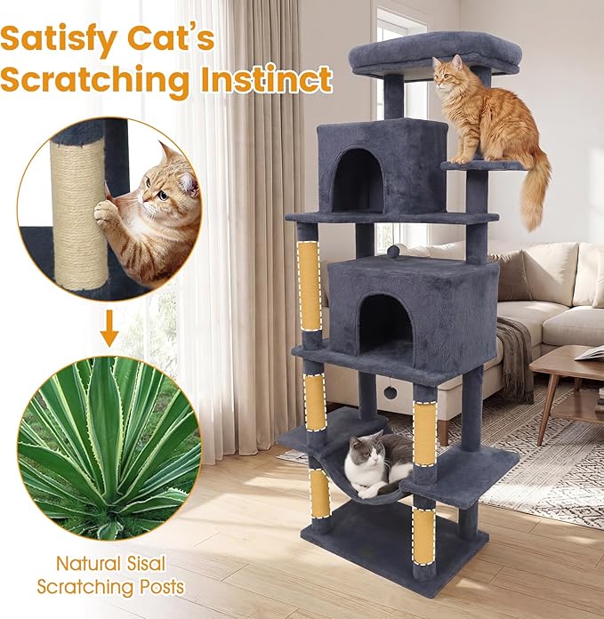 PETSITE 70-inch Tall Cat Tree, Modern Multi-Level Cat Tower with 2 Comfy Condos, Sisal Scratching Posts, Snug Hammock, and Dangling Ball, Ideal for Indoor Cats and Kittens (Dark Grey)
